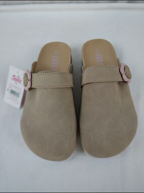 Justice Girls Tan Slip-On Clogs with Pink Buckle Accent